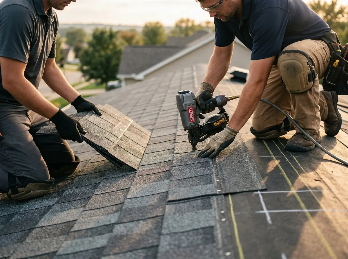 Professional roofer working on a residential roof in San Fernando
